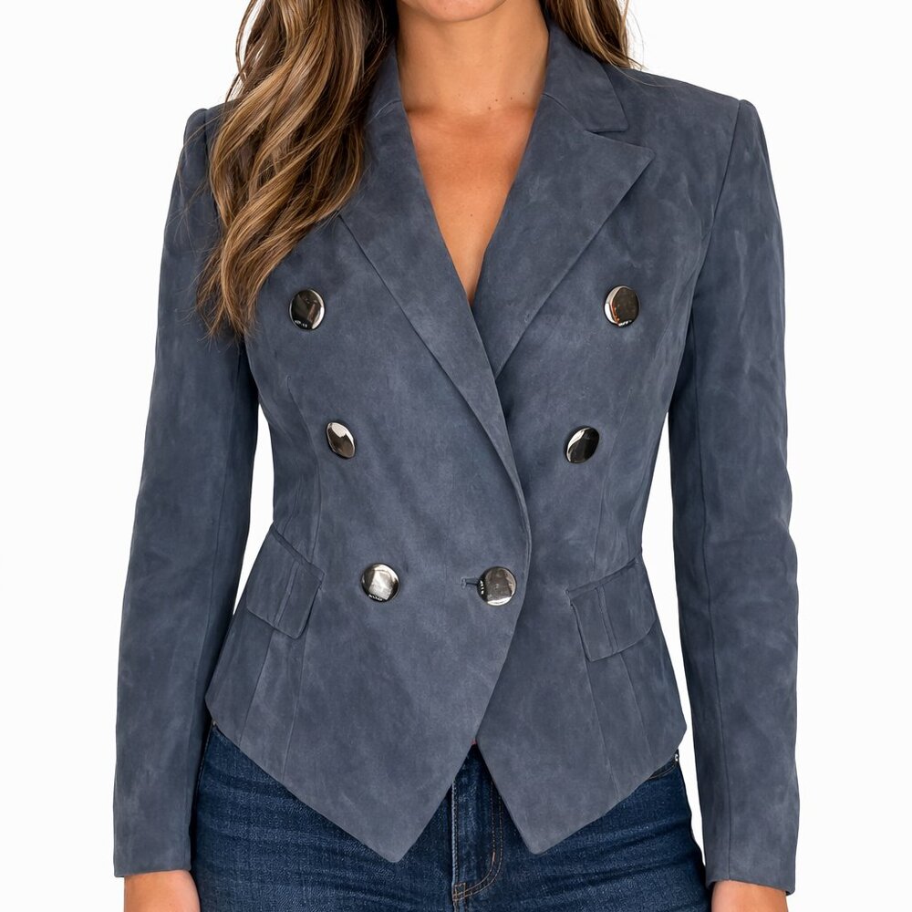 GUESS Los Angeles Grey Double Breasted Blazer Jacket Silver Buttons Size 4 Modal